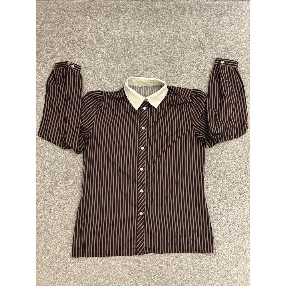 Vintage Button Down Blouse Womens XS Brown Striped Excellent Contrast Collar